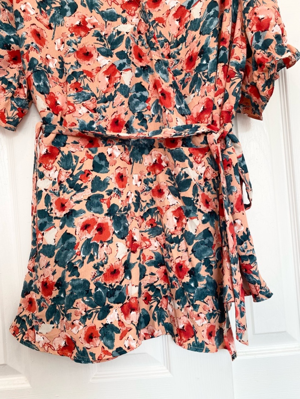 Plus Size Wrap Belted Tops Floral V-neck Ruffle Short Sleeve Peplum Blouse, 3X - Picture 11 of 15
